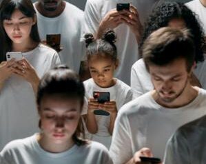 Gen Z individuals in white shirts, deeply engaged with their smartphones