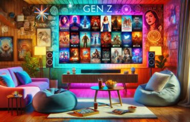 A cozy, modern living room with a large TV streaming popular Gen Z shows, trendy decor like bean bags and neon lights, and a warm, inviting atmosphere