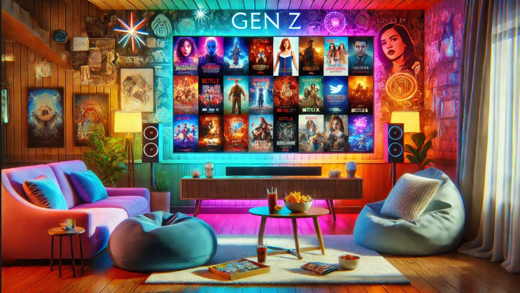 A cozy, modern living room with a large TV streaming popular Gen Z shows, trendy decor like bean bags and neon lights, and a warm, inviting atmosphere